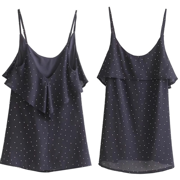 Dresses & Skirts - 🆕Navy polka dot ruffle trim Cami strap dress